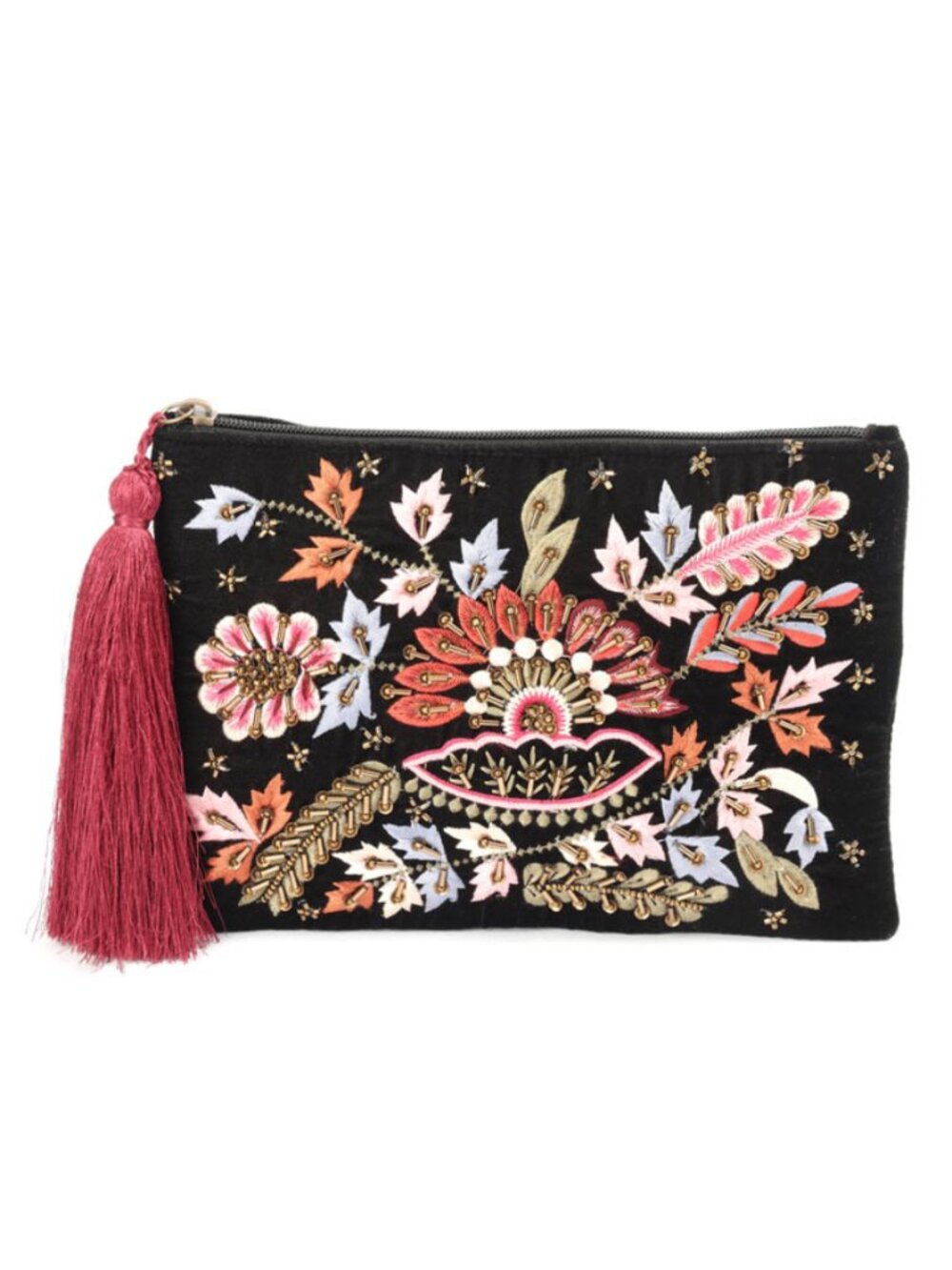 Sfera Accessories Black Velvet Embroidered Beaded Clutch NWT Floral Tassel